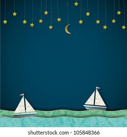 Sailboats at night. Vector paper-art