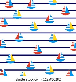 Sailboats on marine stripes. Summer pattern. 