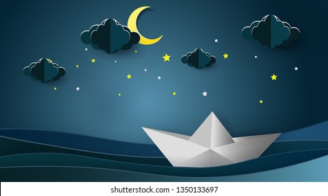 Sailboats on the ocean landscape with Moon and stars in night sky,Goodnight concept.Paper art style.