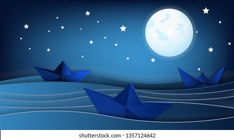 Sailboats on the ocean landscape with Moon and stars in night sky,Goodnight concept.Paper art style.