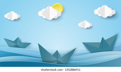 Sailboats on the ocean landscape with sea view on clear blue sky,Summer concept.Paper art style.