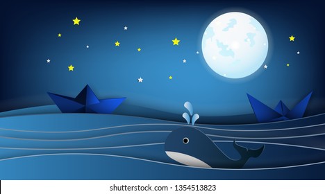 Sailboats on the ocean landscape with Whale and stars in night sky,Goodnight concept.Paper art style.