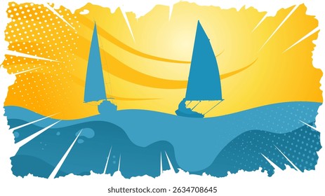 Sailboats on the Sea on a Summer Day, Vacation — Background, Banner, Template — Vintage Style Vector Illustration