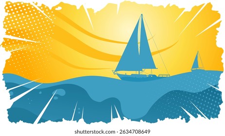 Sailboats on the Sea on a Summer Day, Vacation — Background, Banner, Template — Vintage Style Vector Illustration