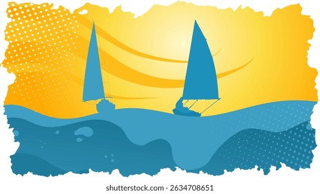 Sailboats on the Sea on a Summer Day, Vacation — Background, Banner, Template — Vintage Style Vector Illustration