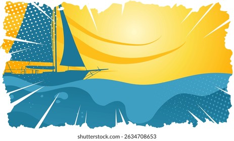 Sailboats on the Sea on a Summer Day, Vacation — Background, Banner, Template — Vintage Style Vector Illustration