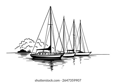 Sailboats on Water Silhouette Vector Illustration Design Nautical Theme