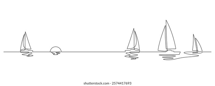 sailboats one line drawing minimalism and sunset vector illustration copy space