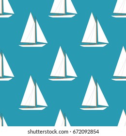 Sailboats In The Open Sea. Sailboat Seamless Pattern. Vector Illustration In Flat Style