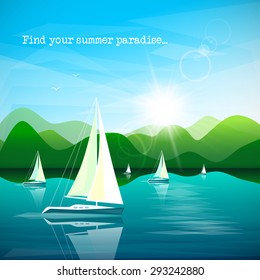 Sailboats regatta on beautiful mountains landscape background