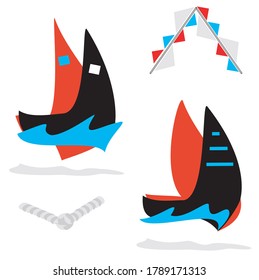 Sailboats, sailing flags and rope vector set.