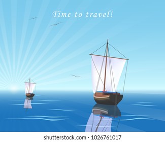 Sailboats sailing in the sea, waves on the water, sails raised, sails inflated.Wooden ship,boat.Dawn in blue the sky fly birds,gulls.Seascape.The sun is shining.The time to travel.Vector illustration