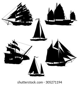 Sailboats and Sailing Ships Black Silhouettes- Vector illustration