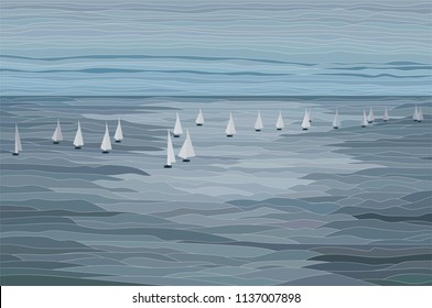 Sailboats in the sea vector landscape illustration