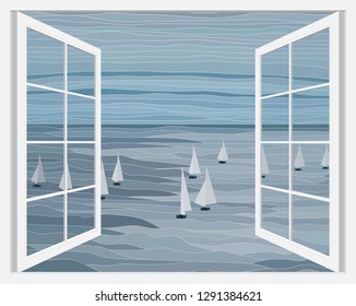 Sailboats in the sea vector landscape illustration through white open window