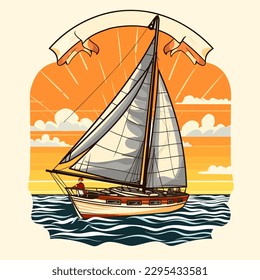 Sailboats at sea. Yacht club. Marine dock. cartoon vector illustration. label, sticker, t-shirt printing