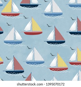 Sailboats and seagulls pattern texture design, vector illustration. Sailing yachts  print for textile design
