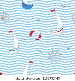 Sailboats, seagulls, ship wheels, compasses, lifebuoys. Vector seamless pattern.