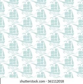 Sailboats seamless pattern. 
Sailboat on the waves. Vector drawing. 