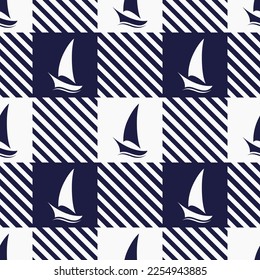 Sailboats seamless pattern. White and blue vector silhouettes on lumberjack plaid background. Best for textile, wallpapers, home decoration, wrapping paper, package and web design.