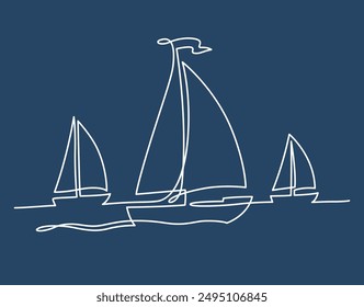 Silueta de veleros en el mar, un dibujo de línea continua. Ilustración de regata, diseño mínimo simple. Arte vectorial sobre fondo azul.