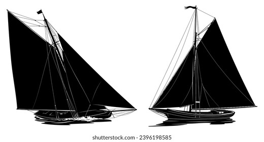 Sailboats Silhouettes. Sloops. Vector cliparts isolated on white.