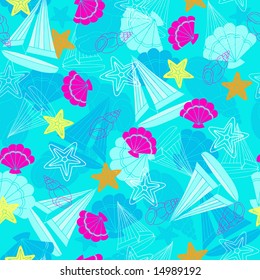 Sailboats and Starfish Seamless Pattern Repeat Vector Illustration