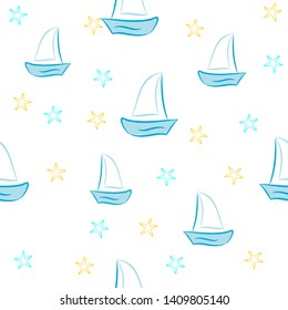 sailboats and starfishes seamless pattern vector drawing, blue, yellow and white colors