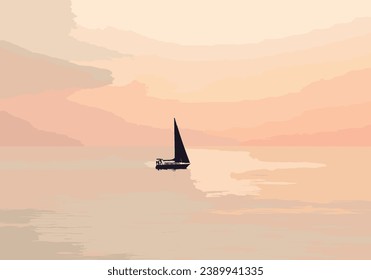 a Sailboats, in the style of minimal rough acrylic paint, flat backgrounds, light pink and dark brown, cottagecore, minimalist vector illustration