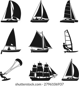 Sailboats, windsurfer, kiteboarder, surfer, lighthouse, compass, ship wheel, anchor, sailing boat.