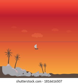 Sailboat,sailing in the calm sea,orange background,in vector style.