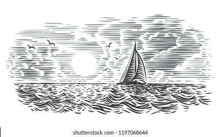 Sailboat/yacht in the sea engraving style illustration. Vector.