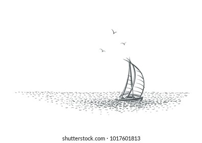 Sailboat/yacht in the sea sketch. Vector.  