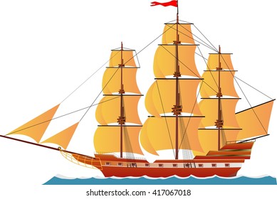  Sailed Ship on water wave, isolated on white vector illustration 