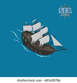Sailer ghost on a blue background. Sailboat in isometric style. 3d illustration of ancient ship. Pirate game. Vector illustration