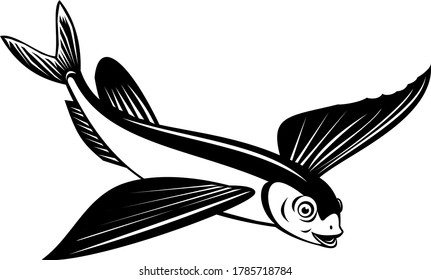 Sailfin Flying Fish or Flying Cod Side View Retro Black and White