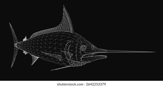 Sailfish 3D model in wireframe style, showcasing intricate details and realistic form on a sleek black background. The fish features a long, pointed bill resembling a sword, with dynamic curves and.