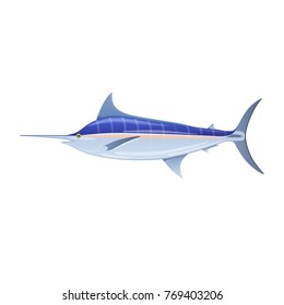 Sailfish blue marlin, swordfish with long thin nose. Colorful sea fish, swimming on blue deep sea bottom. Eating, delicious menu, market fish, market, shop, fishery industry. Vector flat illustration.