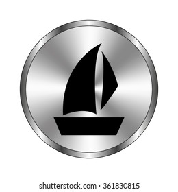 Sailfish boat - vector icon;  metal button