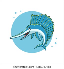 Sailfish Cartoon Vector Illustration. Seafood Mascot Logo. Swordfish Symbol Icon Character Element