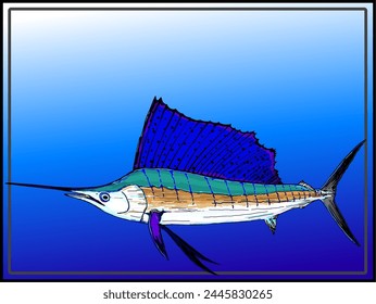 sailfish with deep sea ocean blue background and frame 