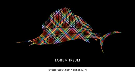 Sailfish, designed using colorful pixels graphic vector.