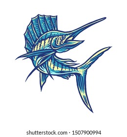 Sailfish fishing illustration using a hand drawing style
continued with digital coloring, this is a combination of hand drawing style and digital color