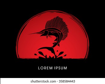 Sailfish Jumping, designed on sunrise or sunset background graphic vector.