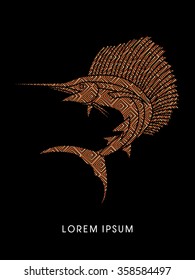 Sailfish Jumping, designed using gold square pattern graphic vector.