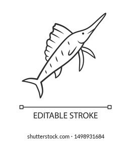 Sailfish linear icon. Fish with sharp nose. Undersea swordfish. Aquatic creature. Marine nature. Ocean fauna thin line illustration. Contour symbol. Vector isolated outline drawing. Editable stroke