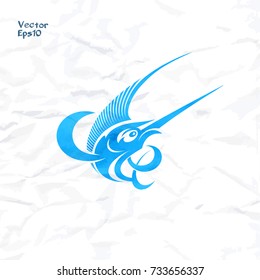 Sailfish logo and emblem template for your design. Watercolor texture. Silhouette vector illustration on crumpled paper background.