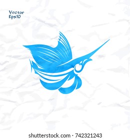 Sailfish logo and emblem template for your design. Watercolor texture. Silhouette vector illustration on crumpled paper background.