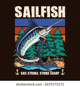 Sailfish Logotype in Colorful Vector Cartoon Illustration for sticker badge emblem t-shirt banner invitation