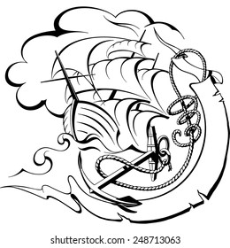 sailfish on wave sailing, adventure, against the background of an anchor and ribbon, vector illustration